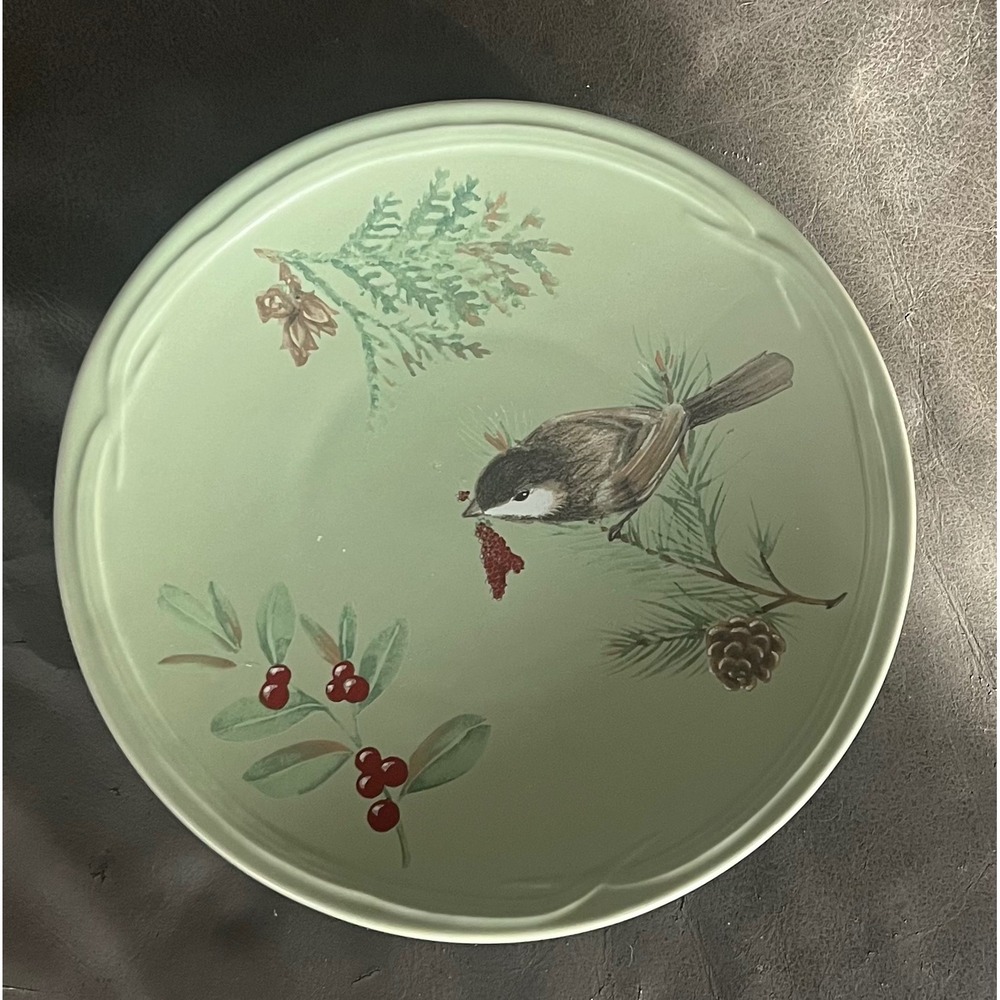 Pfaltzgraff Winterwood Chickadee Salad Plate Sage Green Winter Bird Pinecone